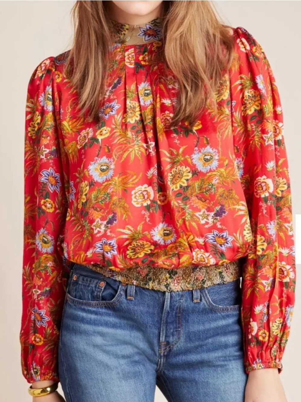 Nikasha Toscana Floral Blouse High Neck Tie Peasant Blouse